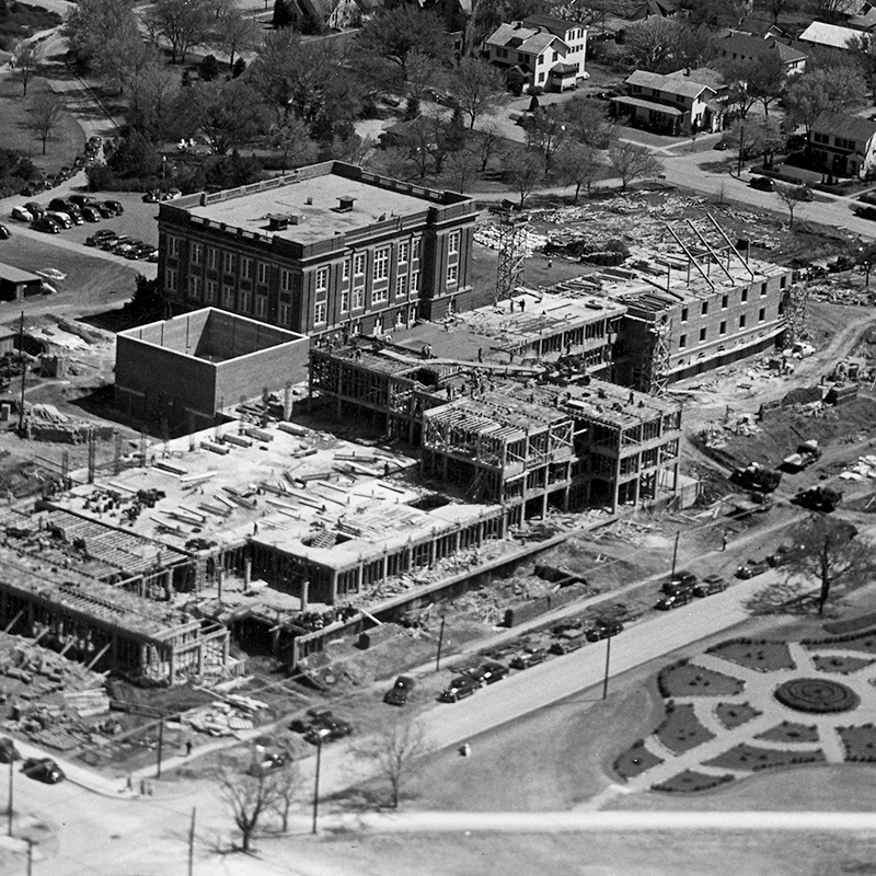 Aerial view of initial Student Union construction